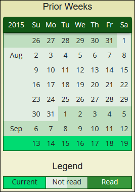 Example of the scrollable calendar to access explanations for prior Dilbert comic strips