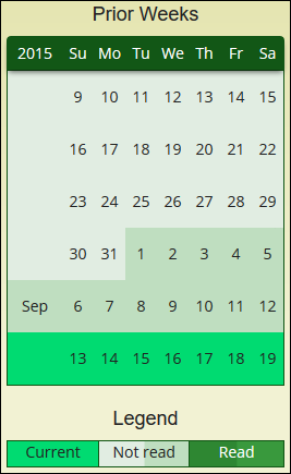 Example of the scrollable calendar to access explanations for prior Dilbert comic strips