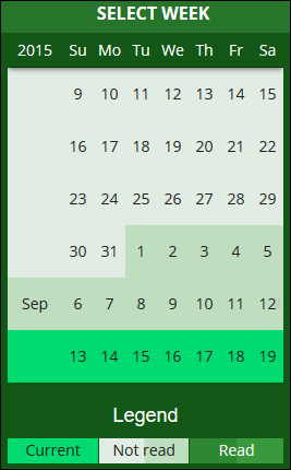 Example of the scrollable calendar to access explanations for prior Dilbert comic strips