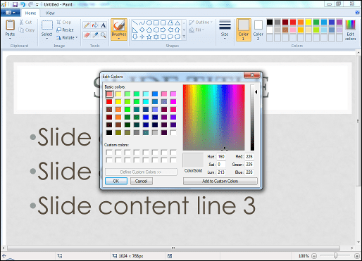 Screen capture of Microsoft Paint color selection dialog.