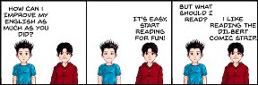 Comic book style characters (but not Dilbert) talking about reading to improve English